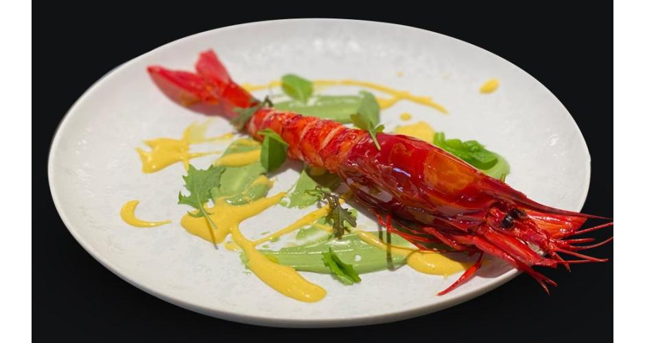 Steamed Carabinero prawn with marine plankton mayonnaise and passion fruit