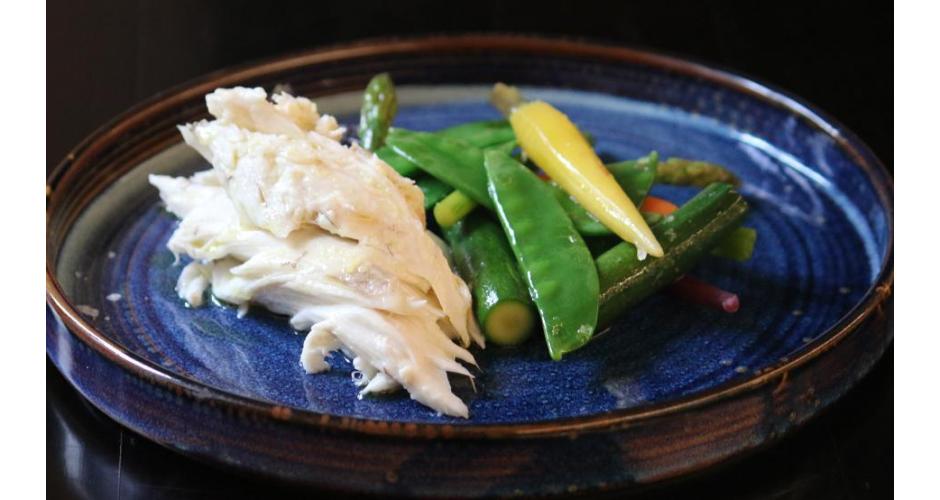 Salt baked sea bass with crispy vegetables